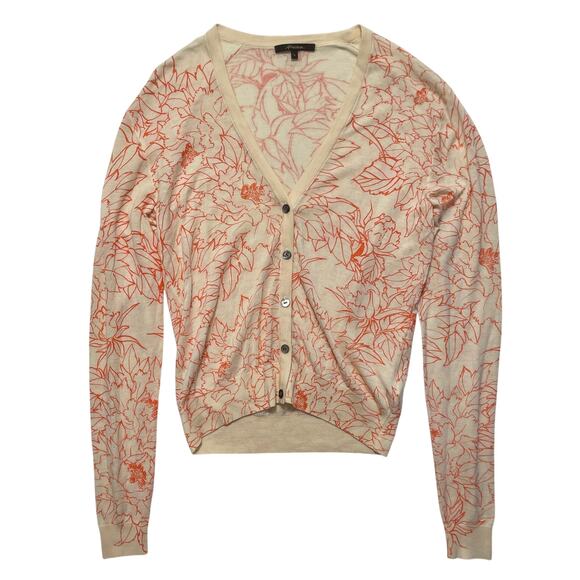 Horiyoshi iii White & Orange Flower Merino Knit Button Up Cardigan Sweater L